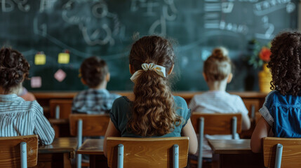 Pupils sit at their desks during a lesson at school and look intently at the board. This scene...