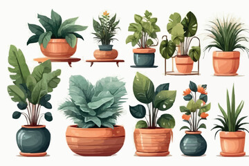 Collection of house indoor house plants monstera, cactus etc. vector pack with green plants in pots clipart