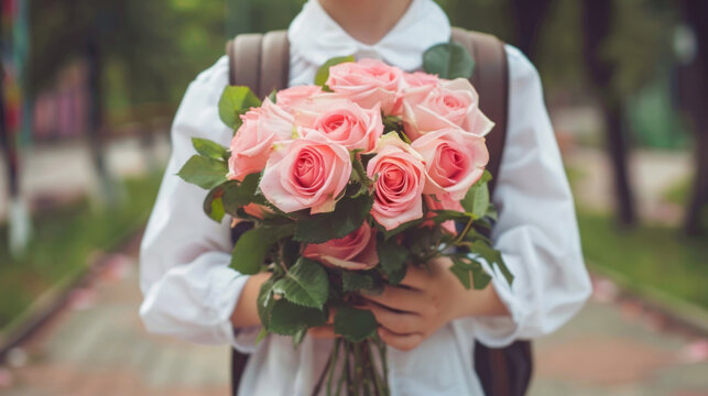 A schoolboy in a white shirt and with a backpack goes to school with a bouquet of pink roses to congratulate his teacher on Teacher's Day. The beginning of the school year is the first of September.