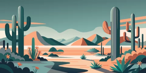 Fotobehang Stylized flat illustration of cacti and mountains against a sunset sky. Festive poster, mexican background, Mexico backdrop for festival Cinco de mayo © Pavel