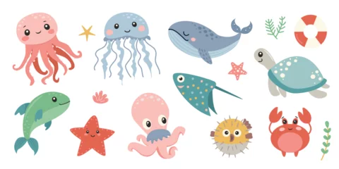 Afwasbaar Fotobehang In de zee Cute sea animals set. Sea life collection. Vector illustration.