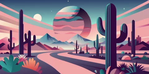 Fotobehang Stylized flat illustration of a desert landscape at sunset with cacti and sombrero. Festive poster, mexican background, Mexico backdrop for festival Cinco de mayo © Pavel