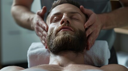 Masseur work manual therapist making anti aging face massage in spa center, A man receiving a massage in a relaxing room. Perfect for spa and wellness concepts - obrazy, fototapety, plakaty