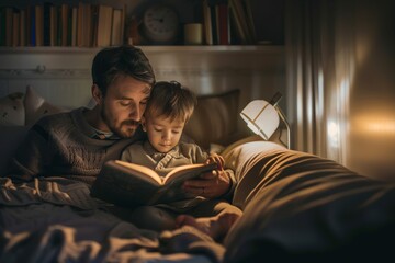 Dad reads the child a bedtime story - obrazy, fototapety, plakaty