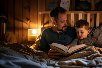 Dad reads the child a bedtime story - obrazy, fototapety, plakaty