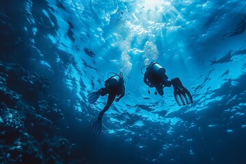 A couple diving in the deep blue ocean