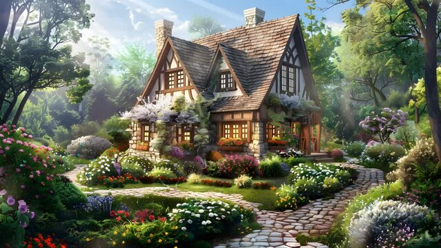 Cozy cabin nestled in the woods, adorned with colorful flowers, a picturesque hideaway. Seamless Looping 4k Video Animation
