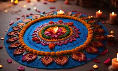 Colorful clay diya lamps with flowers Tamil New Year 