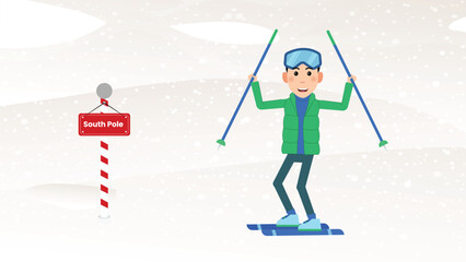 Illustration of landscape Boy skiing in winter season with  south pole board, Vector