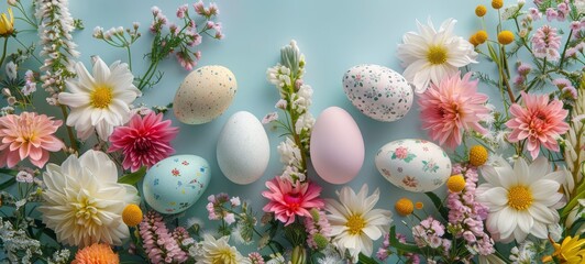 Happy Easter greeting card Images. Easter Garden Bloom. Flat lay design mockup with Easter eggs amidst a garden of blooming flowers. Happy Easter Cards & Greetings.