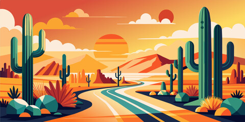 Stylized flat vector desert landscape with cacti, mountains, and a colorful sunset sky. Festive poster, mexican background, Mexico backdrop for festival Cinco de mayo