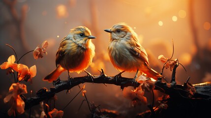 Two birds sit on a branch against the backdrop of a burning city with flickering lights and a mysterious atmosphere.
Concept: birds, firestorm, massive fire