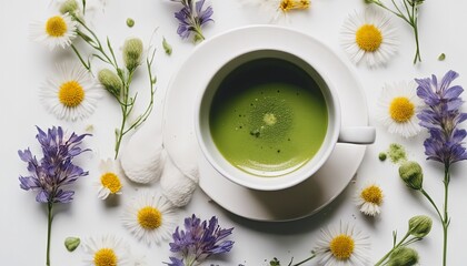 Flat lay photograph of wildflowers on a white background and a cup of matcha tea in the center.