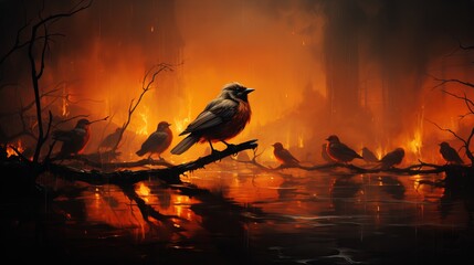Two birds sit on a branch against the backdrop of a burning city with flickering lights and a mysterious atmosphere.
Concept: birds, firestorm, massive fire - obrazy, fototapety, plakaty