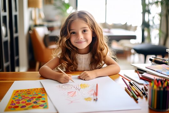 Kind malt ein Bild - Ein Mädchen mit lockigen Haaren, auf dem Tisch liegen bunte Stifte.	