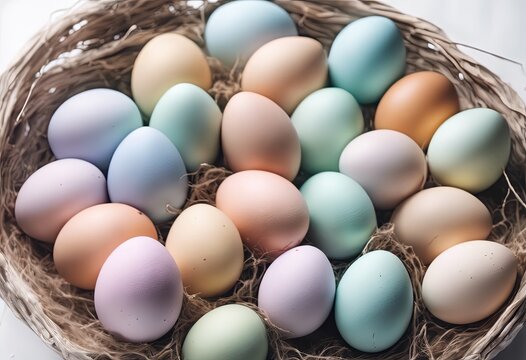 Happy Easter. Many Easter colorful eggs in a wooden basket. Painted eggs for Easter