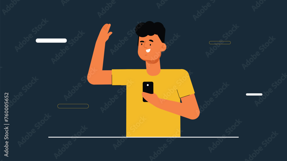 Poster flat design icon. handsome man using mobile. guy with a question mark. simply editable isolated vect