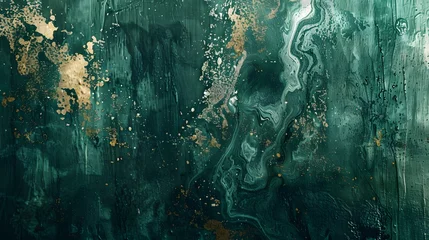 Fotobehang Abstract green paint with a hint of gold wallpaper. Detailed stroke of paint. © KHF
