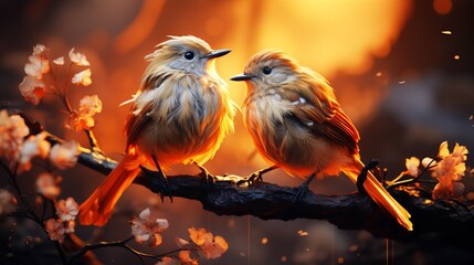 Two birds sit on a branch against the backdrop of a burning city with flickering lights and a mysterious atmosphere.
Concept: birds, firestorm, massive fire