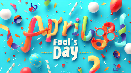 3D illustration for April fool's day with balloons on a blue background