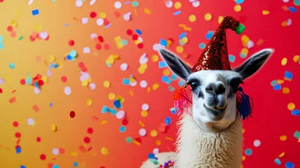 Stof per meter A funny llama in a jester's cap, set against a vibrant background with confetti, April Fool's Day © Alina
