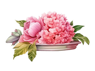 Watercolor illustration of a silver dish with flowers. Delicate floral arrangement with peonies and green leaves, isolated on white. AI generated.