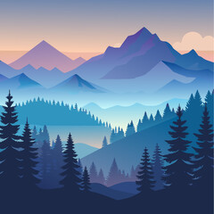Landscape with mountains and coniferous forest. Vector illustration. - obrazy, fototapety, plakaty
