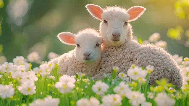 Cute little lamb in beautiful spring meadow with flowers. Newborn baby lamb. Animal summer love concept. Sunny landscape with baby sheep 4k video