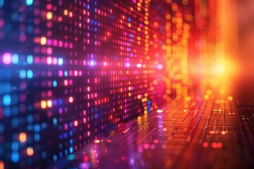 Obraz premium Digital binary code flowing in an abstract representation with orange and red tones on a dark background.