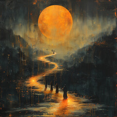 A painting of a river with a large orange moon in the sky