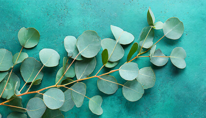 eucalyptus twig on green blue background leaves on a painted concrete background