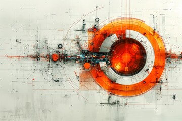 Abstract digital art featuring an orange circular technological interface with intricate patterns on a grayscale backdrop.
