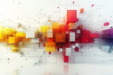 Abstract image with a blend of bright orange, red, and purple hues with scattered rectangular blocks and data lines.