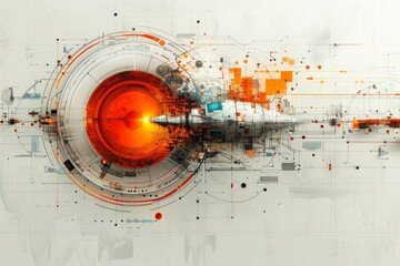 Abstract digital art featuring an orange circular technological interface with intricate patterns on a grayscale backdrop.