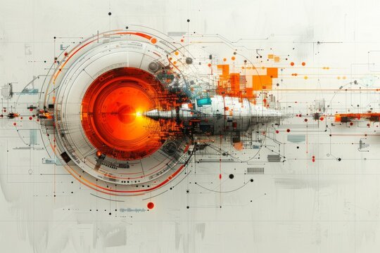 Abstract digital art featuring an orange circular technological interface with intricate patterns on a grayscale backdrop.