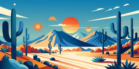 Fotobehang Serene flat vector artwork of a desert scene at sunset with cacti and mountains. Festive poster, mexican background, Mexico backdrop for festival Cinco de mayo © Pavel