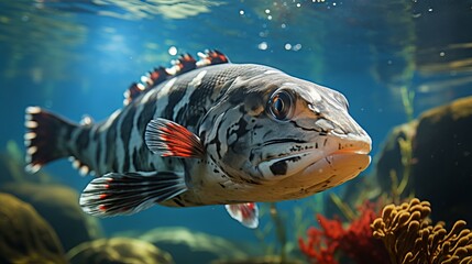 Colored tropical fish swim in clear fresh water among underwater plants. concept: aquarium management, biodiversity of aquatic ecosystems and environmental activities.