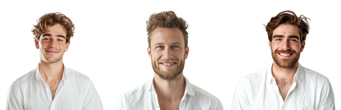 Portrait Collection of man with a white shirt with a happy face isolated on a white background as transparent PNG
