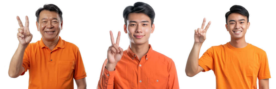 Portrait Collection of asian man in orange shirt with peace sign hand pose isolated on a white background as transparent PNG
