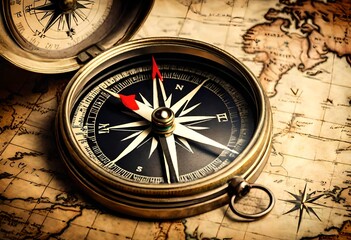 A vintage compass resting on a weathered map, symbolizing the spirit of travel and adventure, captured in high-definition clarity, guiding explorers on their journey to distant lands in mesmerizing