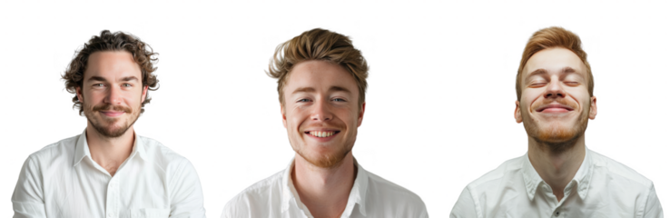 Portrait Collection of man with a white shirt with a happy face isolated on a white background as transparent PNG
