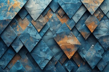 A pattern of blue and orange geometric shapes creating a textured, angular, and dynamic abstract...