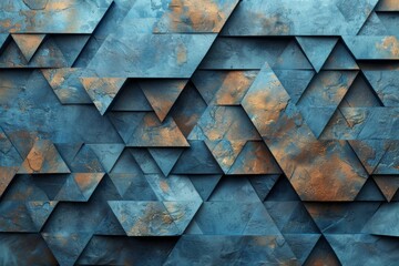 A pattern of blue and orange geometric shapes creating a textured, angular, and dynamic abstract composition