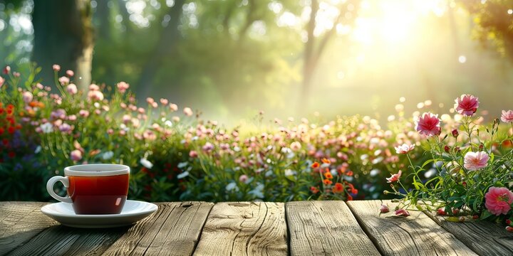 A cup of tea on a wooden table against the background of a blooming garden and the morning rays of the sun, an atmosphere of calm and a symbol of the beginning of a new day. Concept: herbal hot drinks