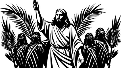 Jesus palm Sunday silhouette art illustration  - obrazy, fototapety, plakaty