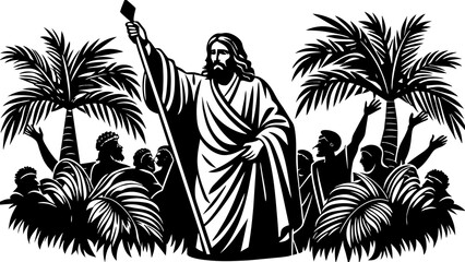 Jesus palm Sunday silhouette art illustration  - obrazy, fototapety, plakaty