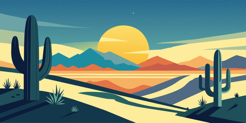 Fototapeta na wymiar Vibrant flat illustration of a desert landscape at sunset, featuring cacti and a curving road. Festive poster, mexican background, Mexico backdrop for festival Cinco de mayo