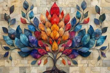 A colorful tree made of vibrant, autumn-colored leaves against a textured beige background,...