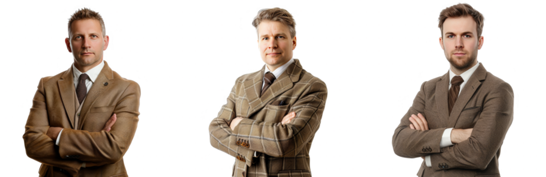 Portrait Collection of white man in a brown and white business suit with crossed arms pose isolated on a white background as transparent PNG - Powered by Adobe