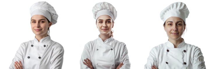 Portrait Collection of woman chef with a satisfied face isolated on a white background as transparent PNG
